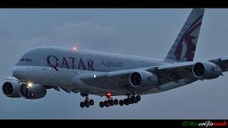 Qatar Airways Airbus A380861 sunset landing at London Heathrow 09L [upl. by Shriver299]